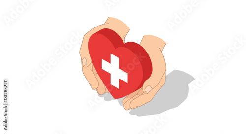 Isometric hands holding heart with medical cross symbol for healthcare and wellness concepts