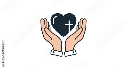 Linear style hands holding heart with christian cross symbol for spiritual concepts
