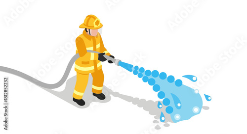 Isometric firefighter extinguishing flames with water hose