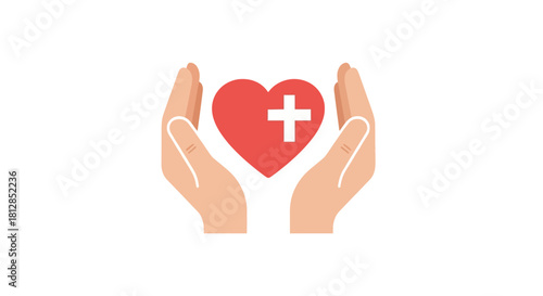 Caring hands holding heart with white cross for health and wellness