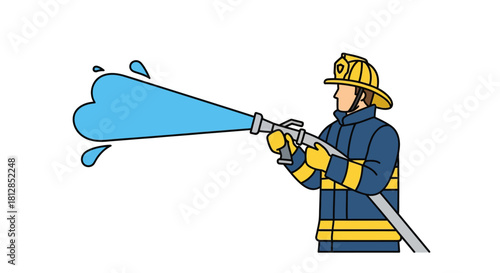 Firefighter in uniform using hose to spray water in colorful line art