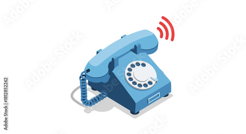 Retro blue rotary phone with red signal icon in isometric style