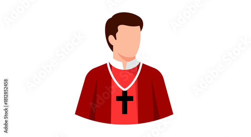 Faceless figure in religious attire with cross emblem and red robe