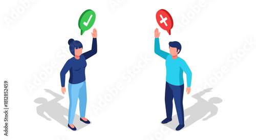 Isometric style decision making: yes or no concept with people and symbols