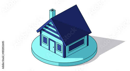 Isometric blue house on circular base with minimal design elements