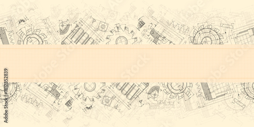 Mechanical engineering drawings on sepia background. Cutting tools, milling cutter. Technical Design. Cover. Blueprint. Horizontal seamless pattern. Vector illustration.