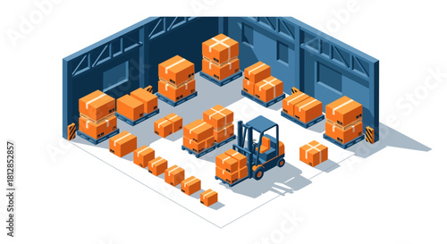 Isometric warehouse scene with boxes and forklift in modern industrial setting