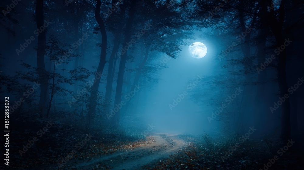 Obraz premium Eerie woodland path illuminated by a bright full moon through dense fog