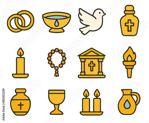 Sacred Symbols: An array of golden religious icons, embodying faith and spirituality, each a beacon of hope and devotion, set against an unseen backdrop.