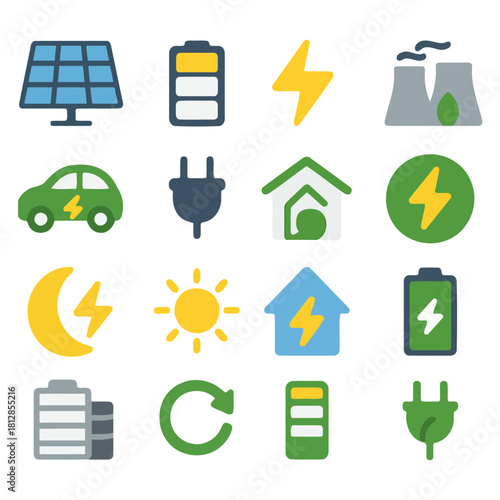 Energy Icons: A colorful assortment of icons representing energy sources and concepts, ideal for illustrating themes like sustainability, technology, and eco-friendly living.