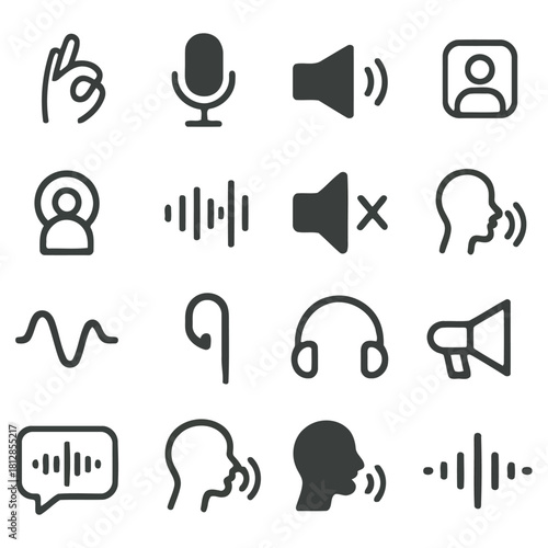 Communication and Sound Icon Set: A comprehensive collection of minimalistic icons representing various aspects of communication and sound. This collection features a diverse range of symbols.