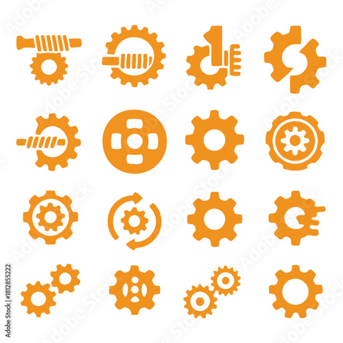 Intricate Gear Mechanism Icons: A collection of detailed gear mechanism icons in a monochromatic style. Illustrating the complexity and interconnectedness of technological innovation.