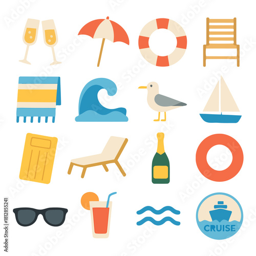 Tropical Vacation Icon Set: A vibrant collection of icons representing sun-soaked relaxation and tropical adventures. Featuring a beach umbrella, sunglasses.