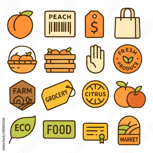 Fresh Produce Icons: A collection of vibrant icons celebrating fresh food, featuring peach, citrus, labels and shopping bag, perfect for any food, farming or grocery concept.