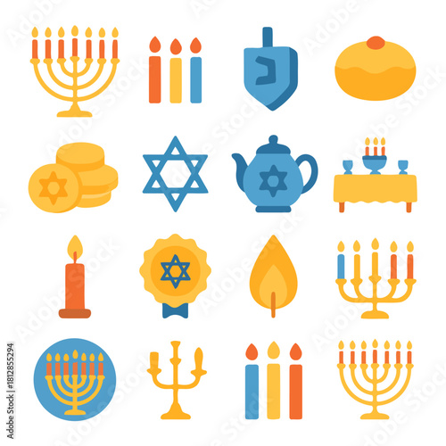 Symbols of Faith: A vibrant illustration showcasing an array of Hanukkah symbols, each representing a unique aspect of this time-honored celebration. From the gleaming menorah to the spinning dreidel.