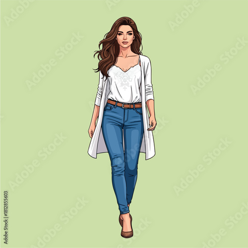 A beautiful young woman with long brown hair wearing a white top a white cardigan and blue jeans walking confidently with a pleasant expression on a light green background.