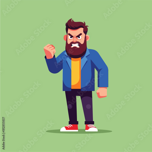 Angry bearded man clenching his fist in a fit of rage.