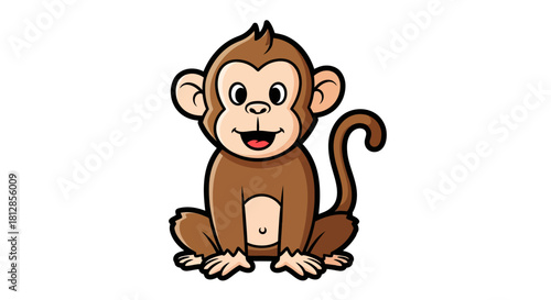 A cute cartoon brown monkey with a happy face sitting on a white background, looking forward with a cheerful expression.