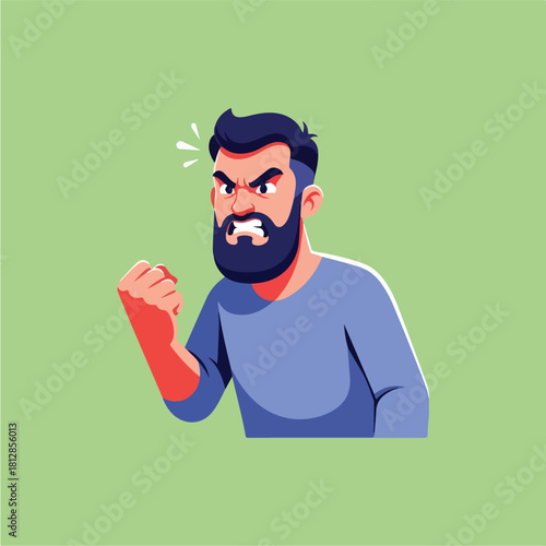 Angry man with beard showing his fist in a fit of rage.