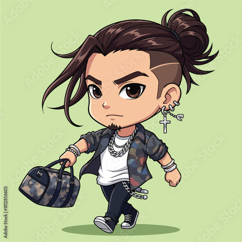 Chibi man bun character with duffel bag walking.