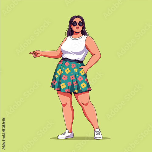 Confident plus size woman in floral skirt and sunglasses pointing left.