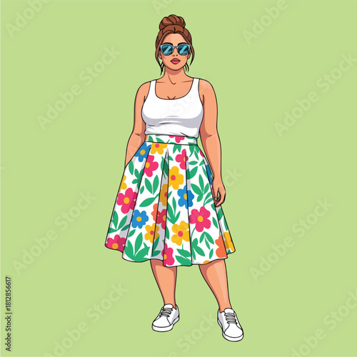 Confident plus size woman in floral skirt and sunglasses 1.