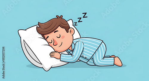 A cartoon illustration of a man sleeping peacefully on a white pillow, wearing blue striped pajamas, with Zzz symbols indicating deep sleep.