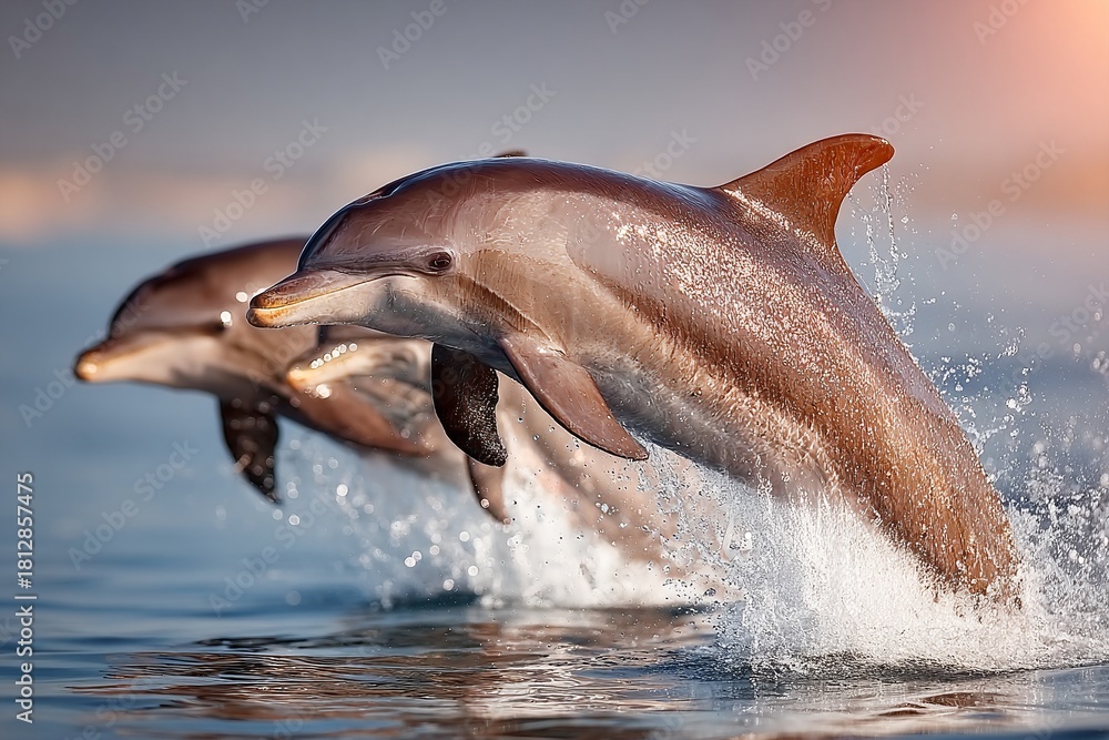 Fototapeta premium two dolphins jumping out of the water, splashing bubbles