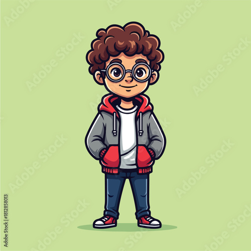 Cute Cartoon Boy with Curly Hair and Glasses.