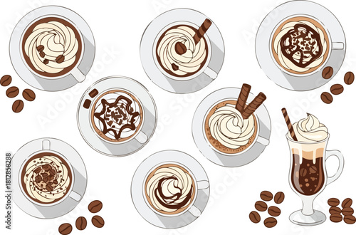 A variety of uniquely decorated coffee beverages with toppings, arranged with coffee beans on a white background