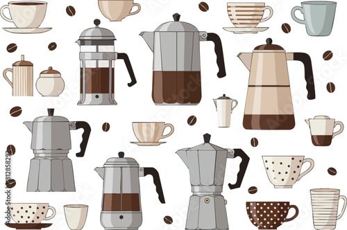 Coffee Time A Collection of Coffee Makers and Cups Illustration