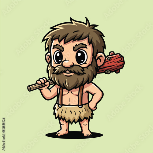 Cute Cartoon Caveman Holding a Club.
