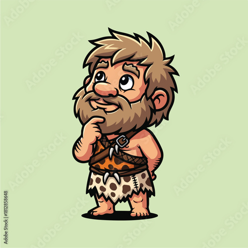 Cute Cartoon Caveman Thinking with Hand on Chin 1.