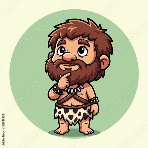 Cute Cartoon Caveman Thinking with Hand on Chin.