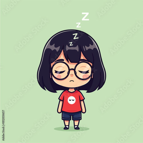 Cute Cartoon Girl Sleeping Standing Up with Zzz Symbols.