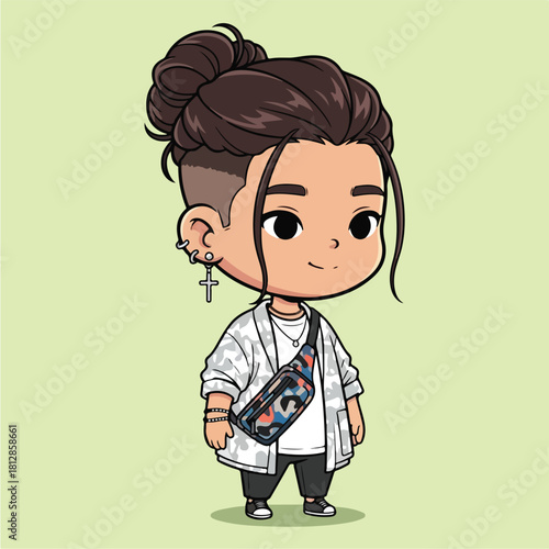 Cute cartoon character with stylish bun and fanny pack.