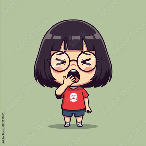 Cute cartoon girl yawning with glasses and red shirt.