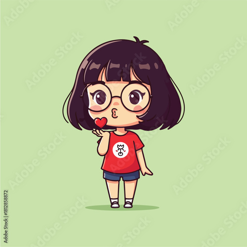 Cute cartoon girl with glasses blowing a kiss adorable character illustration.