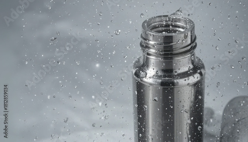 Stainless steel water bottle with water droplets