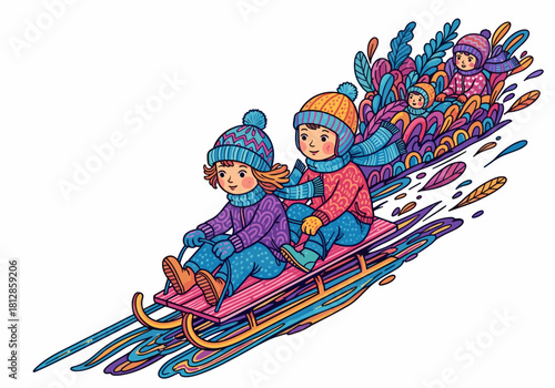 Children sledding downhill in colorful winter attire with foliage  