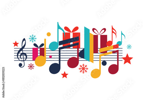 Colorful musical notes and gift boxes on festive background  