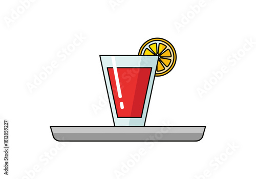 Red cocktail served on a silver tray with lemon slice garnish  