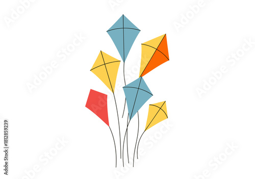 Colorful kites floating in the sky on a clear background  