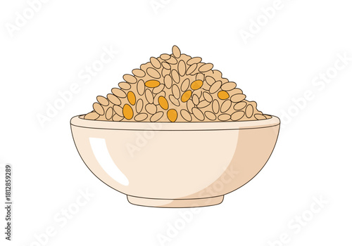 Bowl of uncooked rice with seeds on white background  