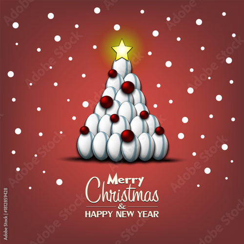 Merry Christmas and Happy New Year. Christmas tree made of rugby balls. Snowflakes on the background. Greeting card design template with for new year. Vector illustration