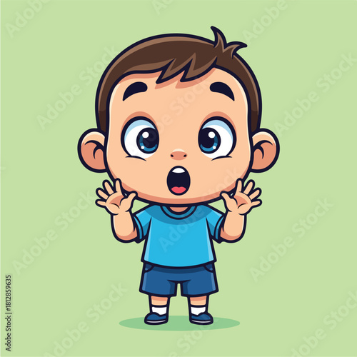 Cute little boy with an amazed expression and open mouth hands raised in surprise.