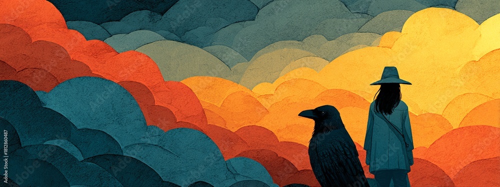 Obraz premium a silhouette of a person wearing a witch hat standing next to a black crow.