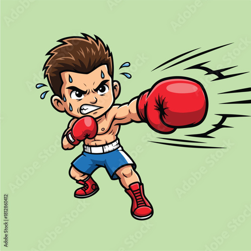 Determined young boxer delivering a powerful punch in a boxing match.