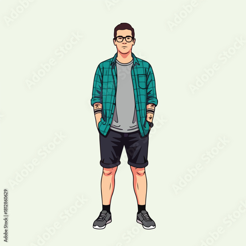 Full body illustration of a young man with glasses wearing a plaid shirt tshirt shorts and sneakers standing with hands in pockets.
