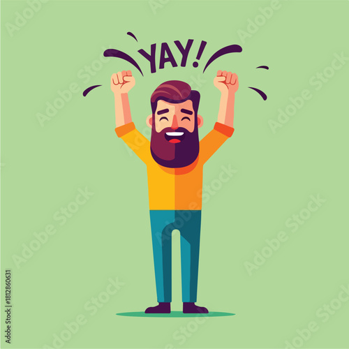 Excited Man Cheering with Arms Raised and YAY Text.